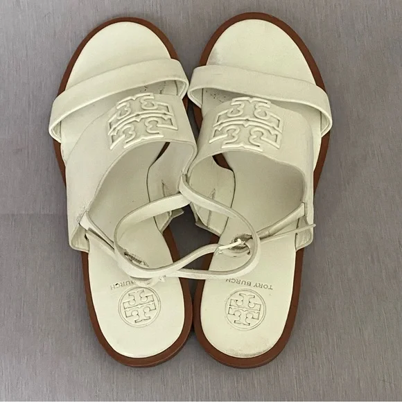 Tory Burch Flat White Slingback Sandals 8 M Big Logo Open Toe Leather - Picture 6 of 10
